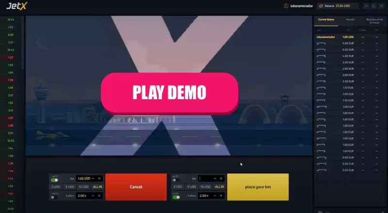 JetX demo mode for free practice with virtual credits