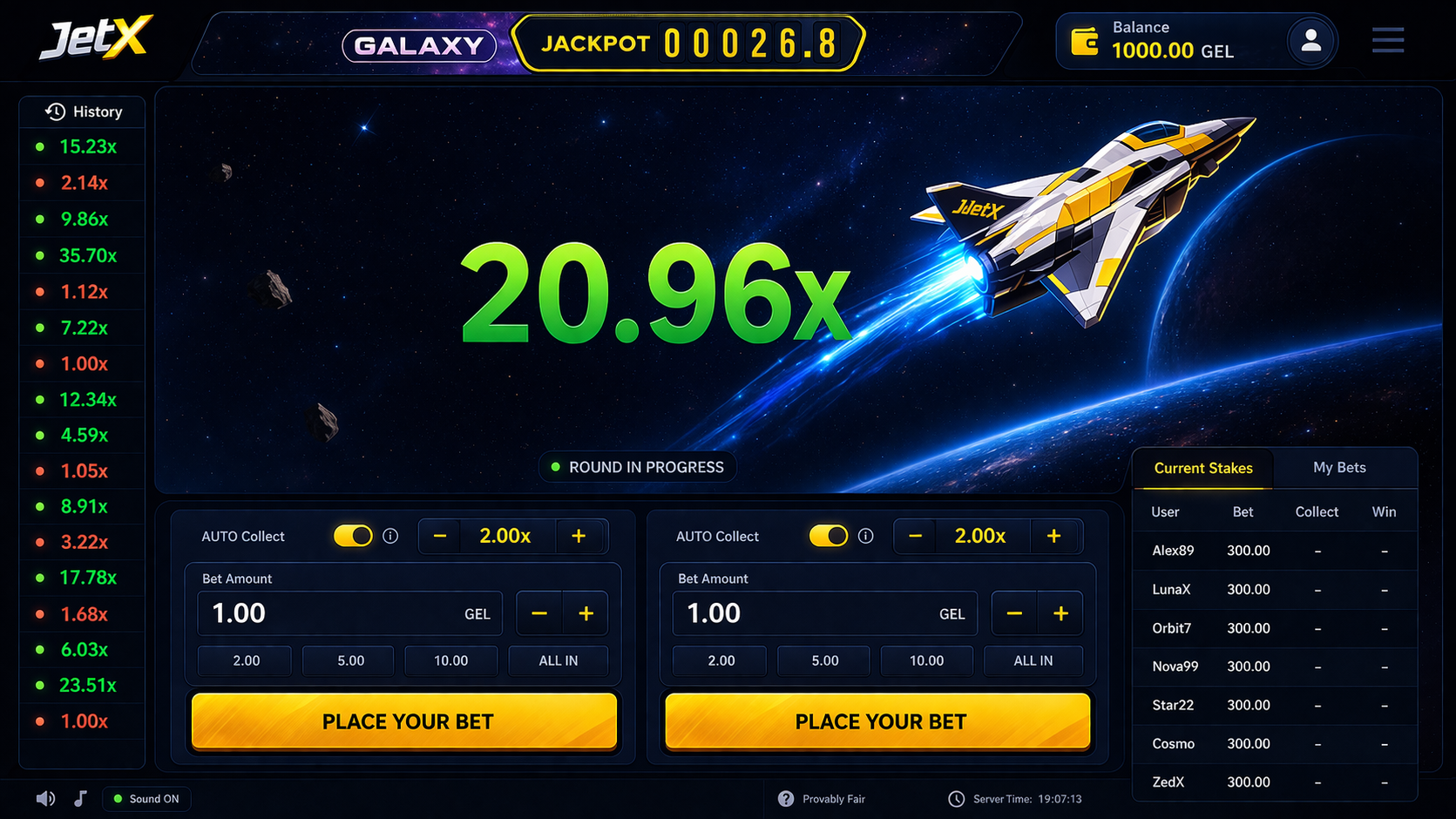 JetX bet game screen showing the betting panel and live multiplier